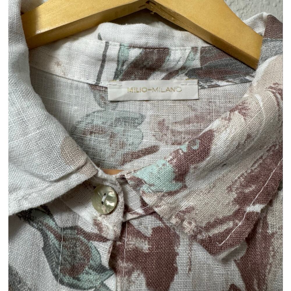 Milio Milano 100% Linen Floral Midi Shirt Dress Women's Large Cottage Feminine - Picture 5 of 8